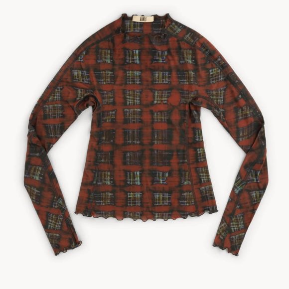 KNWLS HALCYON TOP ACID PLAID GINGER RED CHECK PRINTED JERSEY Small - Picture 4 of 5